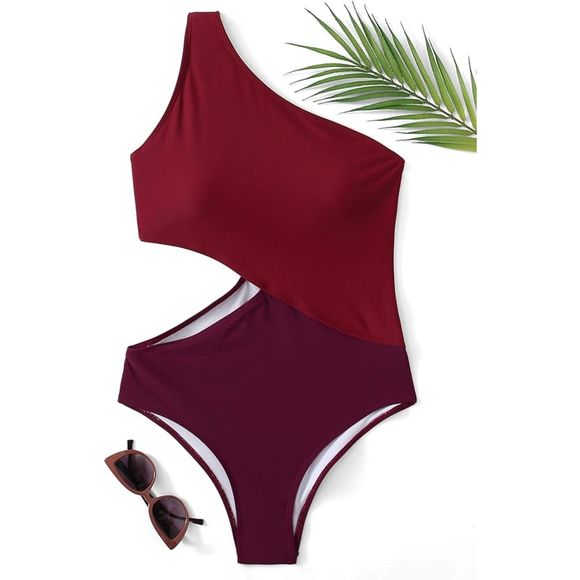 SweatyRocks RED Color Block One Shoulder Cutout 1pc Monokini Swimsuit SZ M: NWOT - Picture 3 of 11